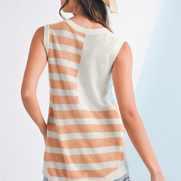 B270 Beige USA Flag Notched Neckline Loose Knit Vest - Picture 8 of 15